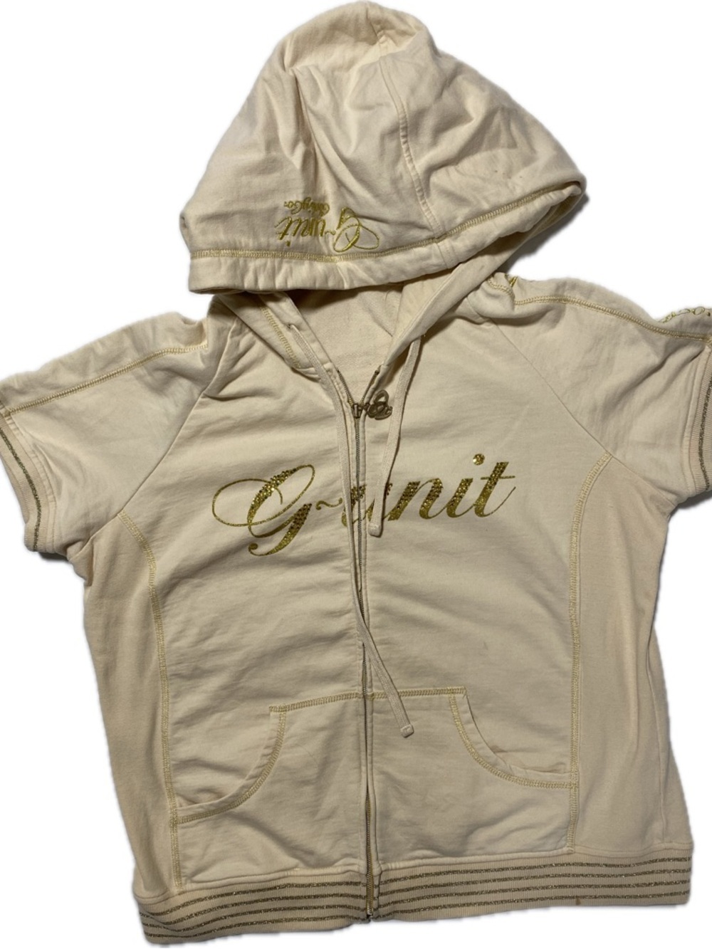 G-Unit Cream Short Sleeve Zip Hoodie with Gold Script size 1X